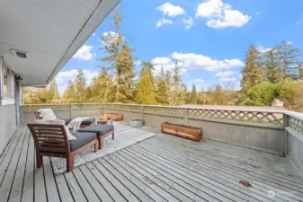 The expansive deck, directly accessible from the primary suite, offers a peaceful retreat with scenic treetop views. There's plenty of space for outdoor lounging, entertaining, or enjoying the fresh air.