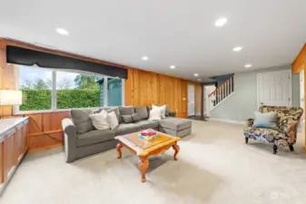 Lower-level family room allows you to be loud and boisterous here, while the living  room stays Zen-like and peaceful upstairs. Ample room for gaming and movie nights. The door to the left leads you into a full-sized garage.