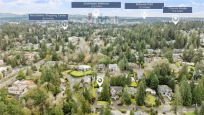 This aerial view showcases the home's prime location, nestled in a peaceful neighborhood while remaining close to everyday conveniences. With Downtown Bellevue, parks, schools, and shopping just minutes away, it offers the perfect blend of privacy and accessibility.