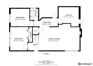 The lower-level floor features a spacious living room, two bedrooms, an office, and a full bathroom. A central hallway connects the main living areas for easy access and flow.