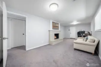 Lower-level family room with access door to the backyard and huge garage/shop.