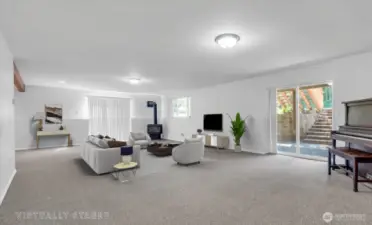 Large downstairs rec room with propane stove .