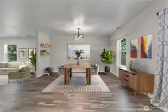 The family room seamlessly flows into this spacious dining area. Image is virtually staged.