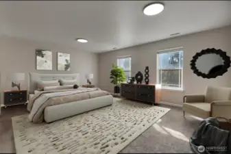 A bright and airy primary bedroom with room to create your perfect retreat. Image is virtually staged.