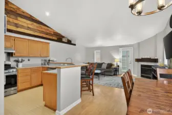 Kitchen with a view of the family room.