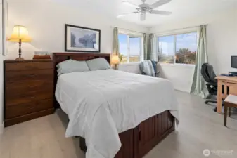 Primary bedroom has two closets and its own ensuite bathroom, ceiling fan and tons of natural light, looking out at side yard and back yard.