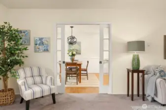 Sweet French doors lead into the kitchen.