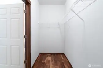 Spacious walk-in closet with shelving and acacia hard wood floors.