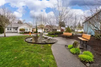 Community park with seating and greenery