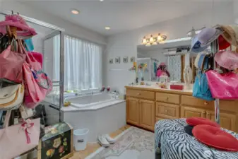 Primary bathroom with soaking tub and glass shower