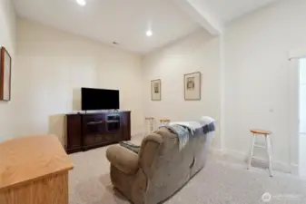 The second floor theater room in complete with a wet bar.