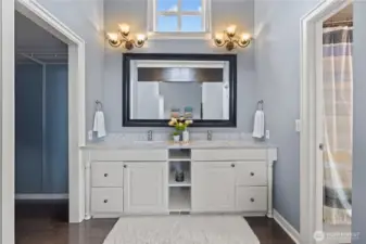 Primary bathroom.  Two sinks, jetted tub, bidet and walk in closet.
