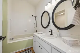The primary bathroom has a tub/shower combination, and a step in shower to the left.