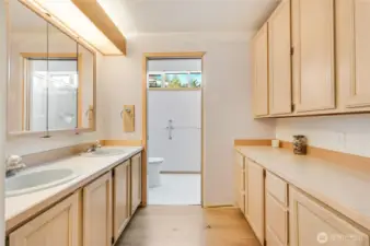 The primary bathroom is the only area that has not been remodeled in this house. A row of closet on the RH side, and there's plentiful cabinet storage. A private toilet and shower room is on the left-side background.