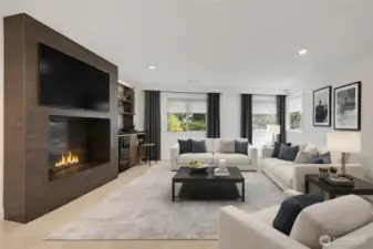 The lower level living space as virtually staged. A door to the outside is on the right.