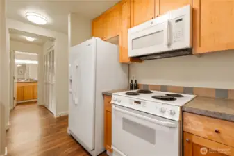 Matching cabinets gives a cohesive look.