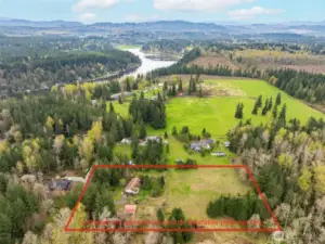 Lines in drone photo are approximate and for illustrative purposes only. ~ 4 minute drive to Ohop Lake.