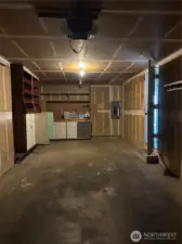 Large garage with shelving