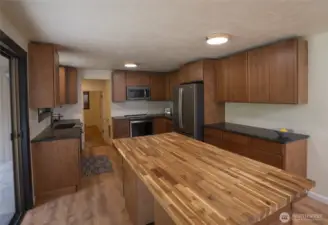 Butcher block island in kitchen