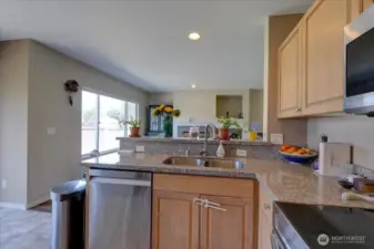 View into the family room over the eating bar.