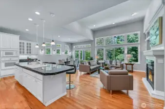 Crisp white cabinetry is topped with granite and accented by pendant lights. Everywhere you look you see the greenbelt.