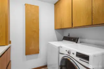 Dedicated laundry room with built in storage.