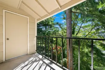 View off balcony of trees/mountains with storage