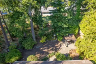 An aerial view of the fully-fenced back yard.