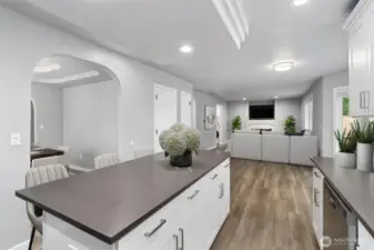 View from the kitchen into the main living area.