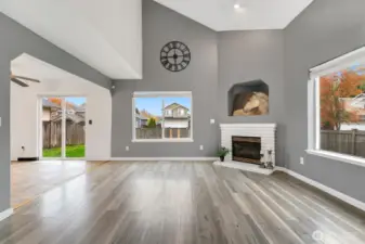 Fireplace warms the living area.