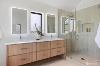 Dual sinks and walk-in shower
