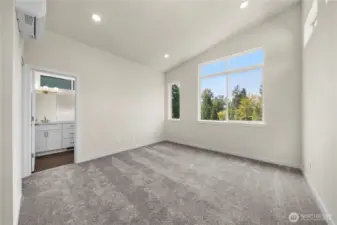 Primary bedroom suite with vaulted ceiling, fits king-size bed