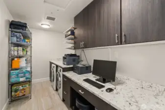 Laundry, storage AND desk area (laundry folding, space, hobby space). ALSO, the stereo is wired from this room into the GREAT room
