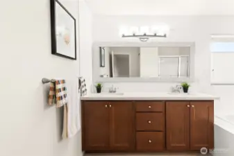 Quartz countertops, hardwood cabinets, and dual sinks.