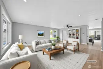 Virtually staged living room from front door