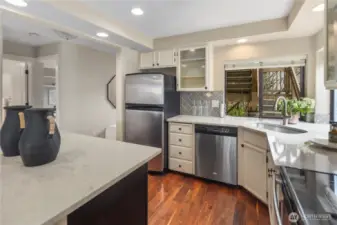 Stainless appliances complement this kitchen.