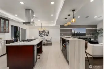 From prep to pour, this kitchen delivers with a beverage cooler in the island, wine storage at the waterfall bar, and space for everything in between.