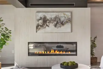 A striking 70” linear Napoleon gas fireplace set in natural stone to bring elegance and warmth.