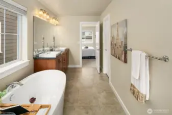 The primary bathroom also features a soaking tub and separate shower.
