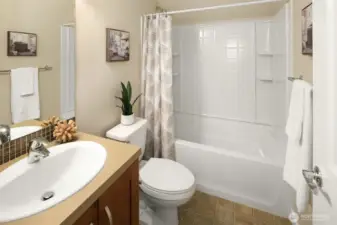 Full bath with tub/shower combo.