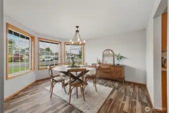 Another view of the lovely dining room, with the kitchen through the doorway to the right.