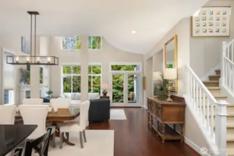 High ceilings with walls of windows to private greenbelt