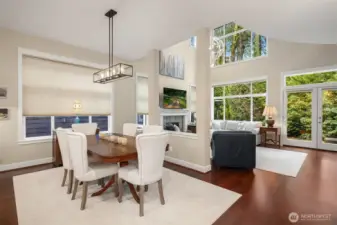 The design of dining room allows to extend table out for large gatherings.