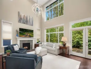 Soaring Ceiling with wall of window to fully private greenbelt