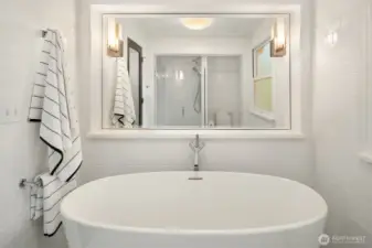 Modern soaking tub with adjacent separate shower