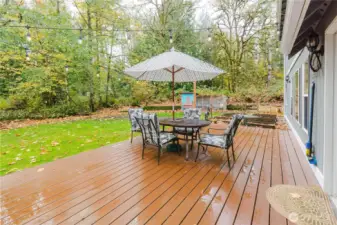 Large deck overlooking peaceful natural surroundings.