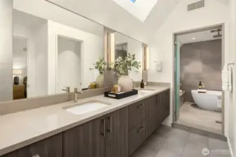 Spa inspired Primary bath with dual sinks and "wet room" design.  Large soaking tub and built in bench.