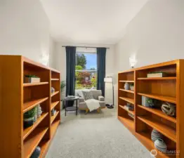 Top-floor loft with built-in shelves