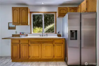 Garden-level kitchenette ready for canning, hobbies, or a secondary living setup—complete with stainless fridge and views of the backyard.