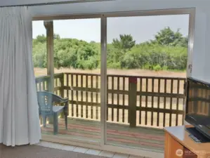 View through the Slider out to the private Deck.  Faces West.